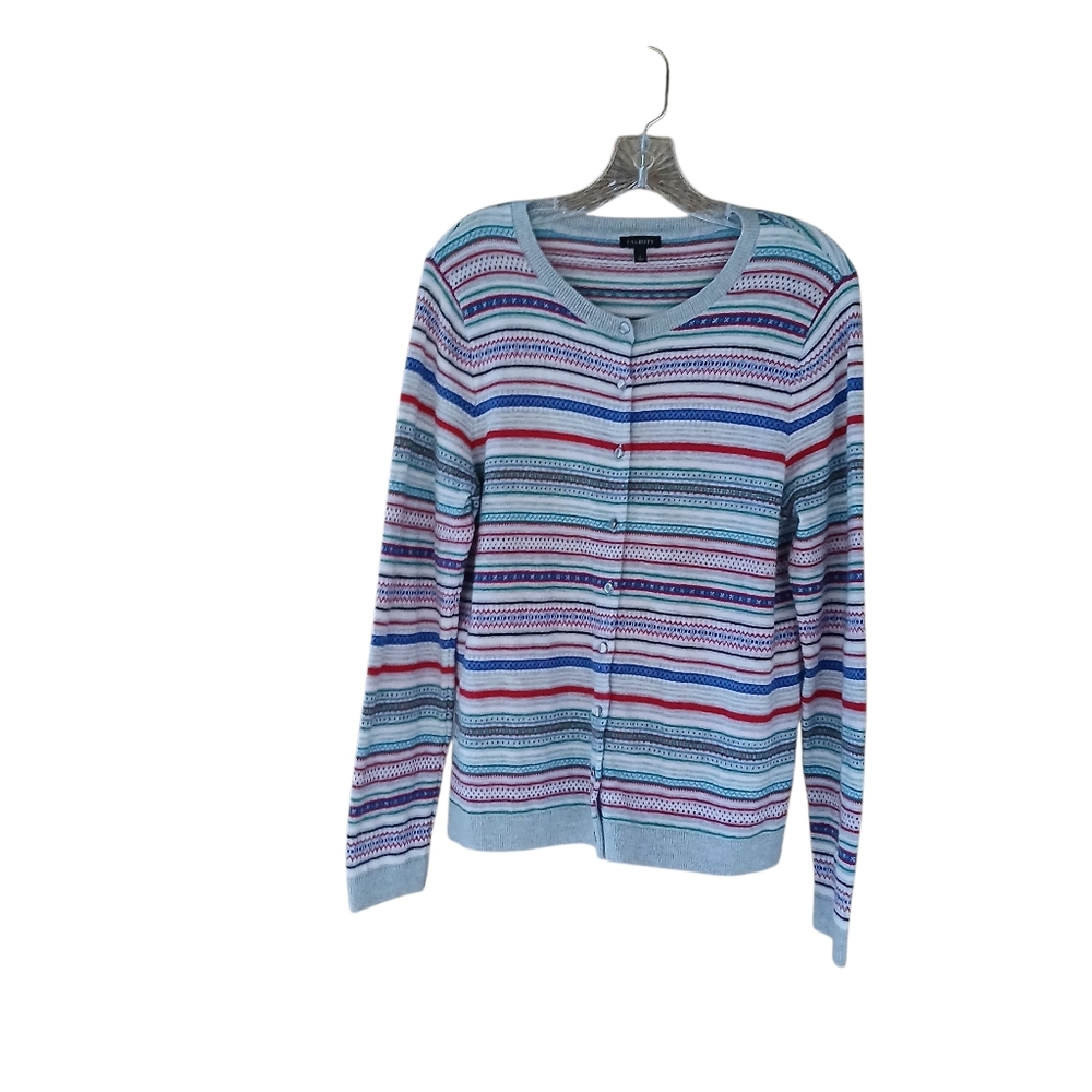 Talbots Red Blue Green Striped Crew Neck Nylon Lambswool Cardigan Large